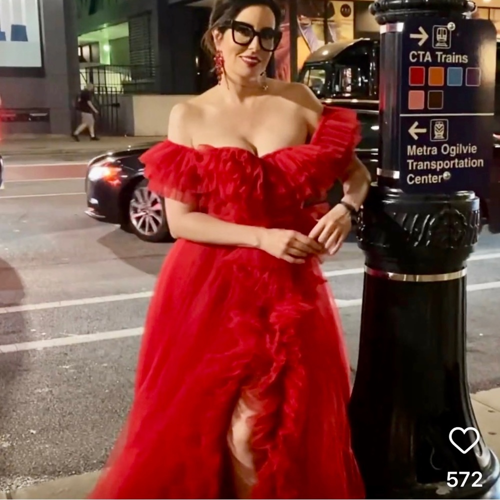 Tarik Ediz 98055 Tulle A-Line Slit Gown Red Size 8, Ball Gown, Prom, Formal Gown